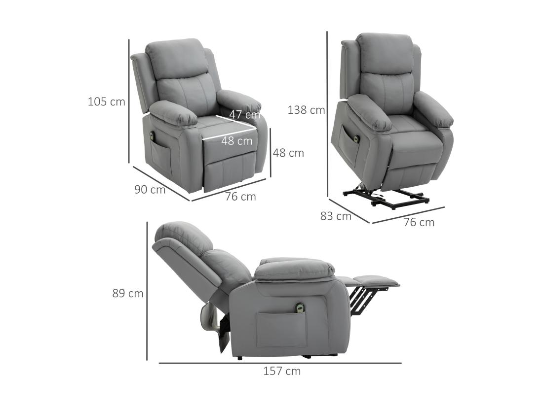 Vente Unique Fauteuil De Relaxation électrique Fauteuil Releveur Inclinable Repose-pied Ajustable Revêtement Synthétique Gris