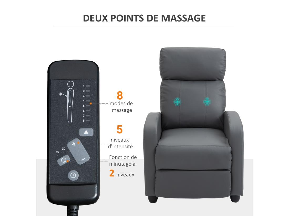 Vente Unique Fauteuil De Relaxation Et Massage Inclinaison Dossier Repose-pied Réglable Revêtement Synthétique Gris