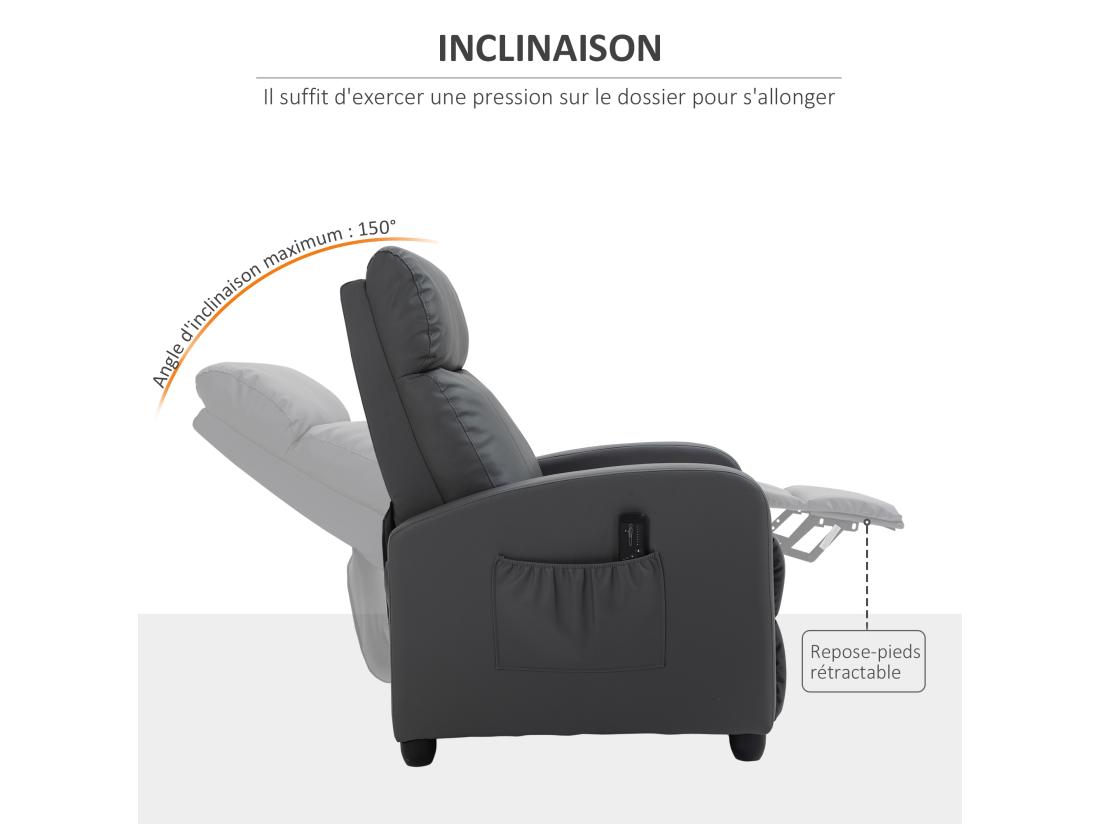 Vente Unique Fauteuil De Relaxation Et Massage Inclinaison Dossier Repose-pied Réglable Revêtement Synthétique Gris