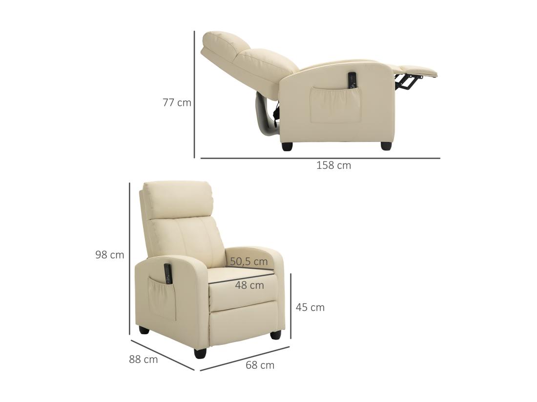 Vente Unique Fauteuil De Relaxation Et Massage Inclinaison Dossier Repose-pied Réglable Revêtement Synthétique Crème