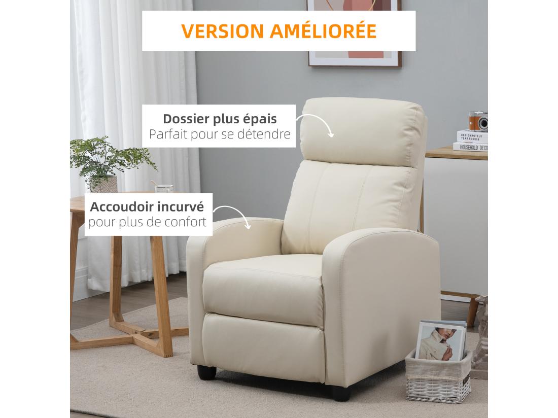 vente unique Fauteuil de relaxation et massage inclinaison dossier repose-pied réglable revêtement synthétique crème