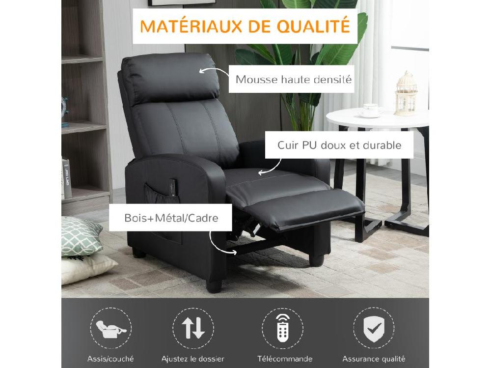 Vente Unique Fauteuil De Relaxation Et Massage Inclinaison Dossier Repose-pied Réglable Revêtement Synthétique Noir