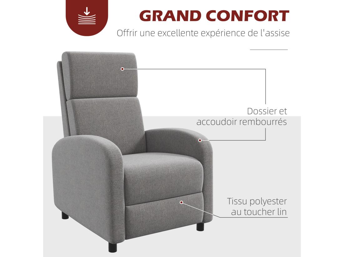 Vente Unique Fauteuil De Relaxation Inclinable Réglable Repose-pied Tissu Gris
