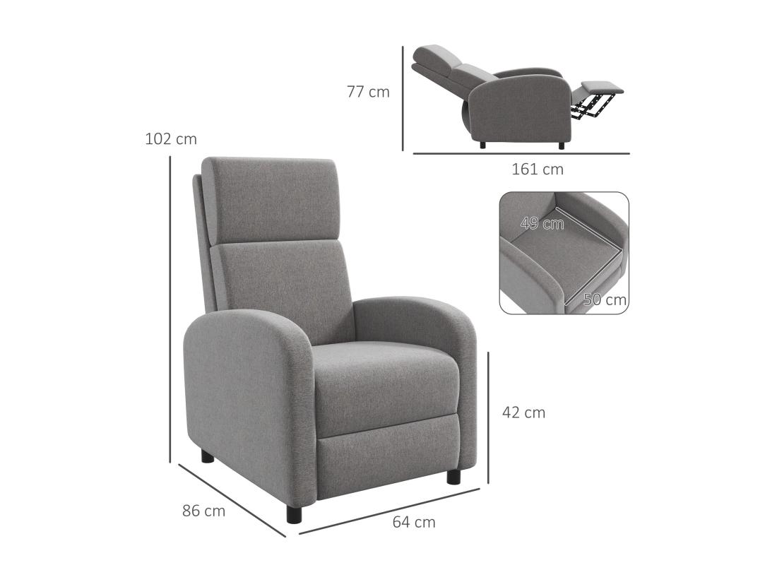Vente Unique Fauteuil De Relaxation Inclinable Réglable Repose-pied Tissu Gris