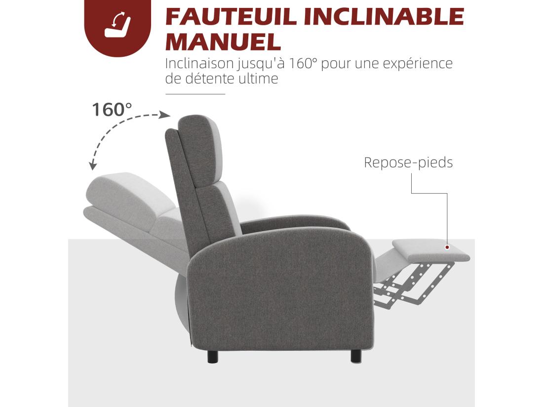 vente unique Fauteuil de relaxation inclinable réglable repose-pied tissu gris