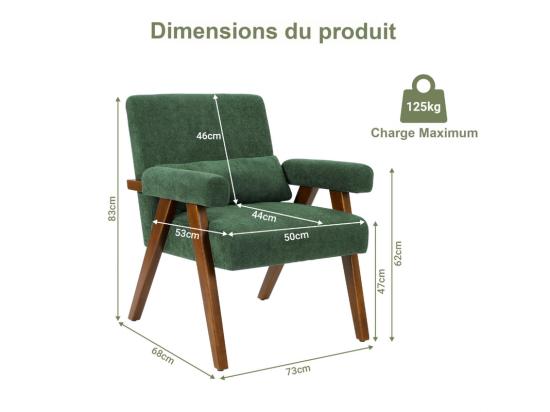 Vente Unique Fauteuil En Sherpa Vert - Pieds En Bois Massif - Avec Accoudoirs Rembourrés - Charge Max 125kg - 73x68x83cm