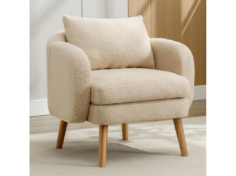 Vente Unique Fauteuil En Tissu Bouclette Avec Coussin épais - Pieds En Bois Massif - Beige