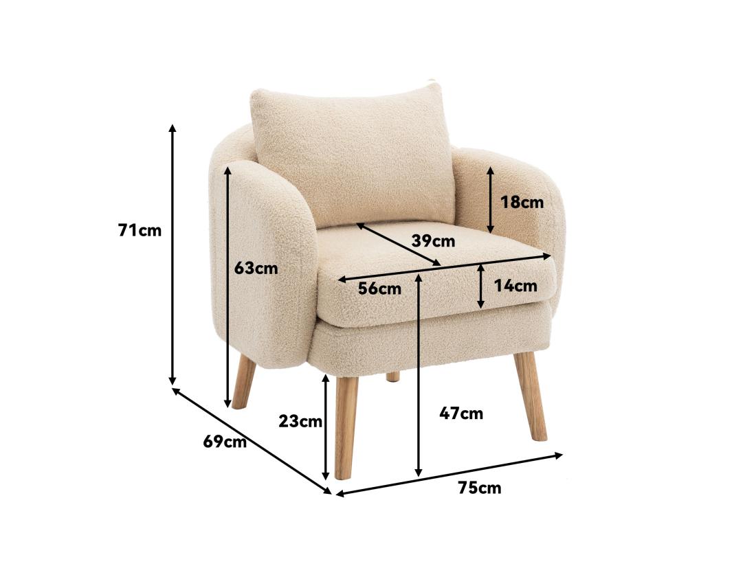 vente unique Fauteuil en tissu bouclette avec coussin épais - pieds en bois massif - beige