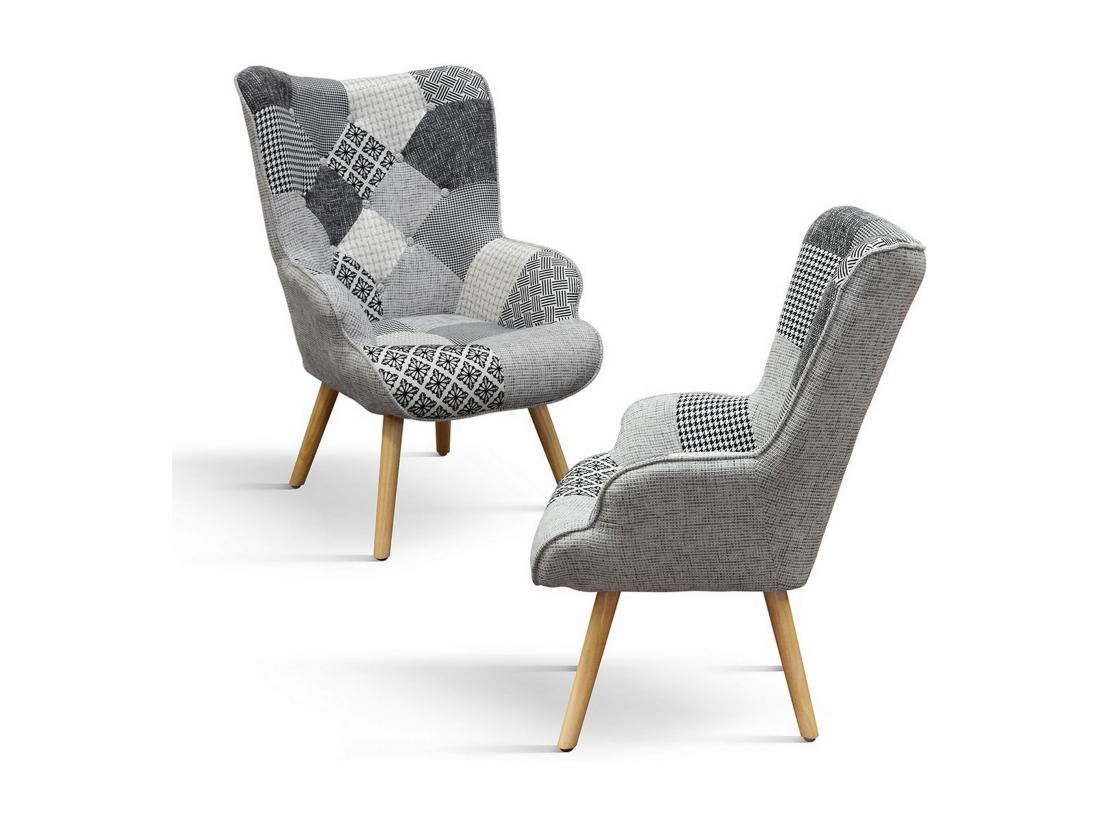 Vente Unique Fauteuil En Tissu Patchwork Gris Avec Pieds En Bois - HAVANA
