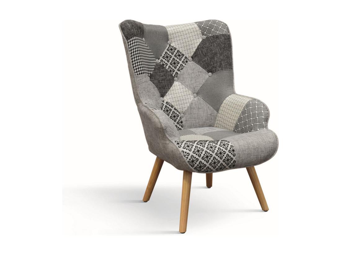vente unique Fauteuil en tissu patchwork gris avec pieds en bois - HAVANA