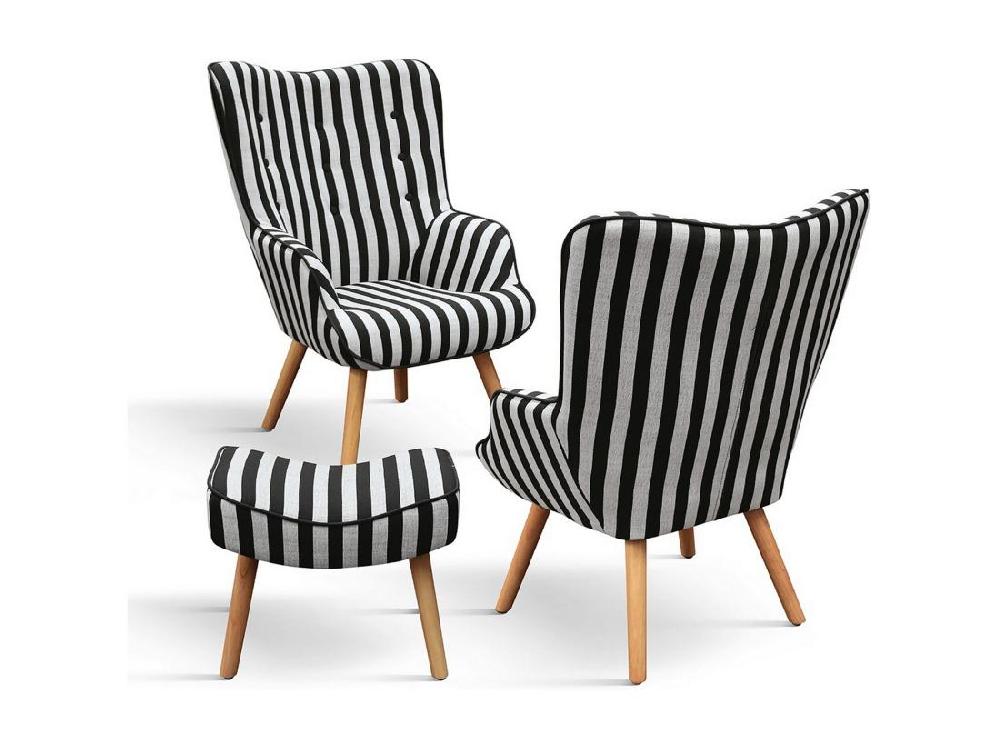 Vente Unique Fauteuil En Tissu Rayé Noir Et Blanc Pieds En Bois Avec Repose-pieds - HAVANA