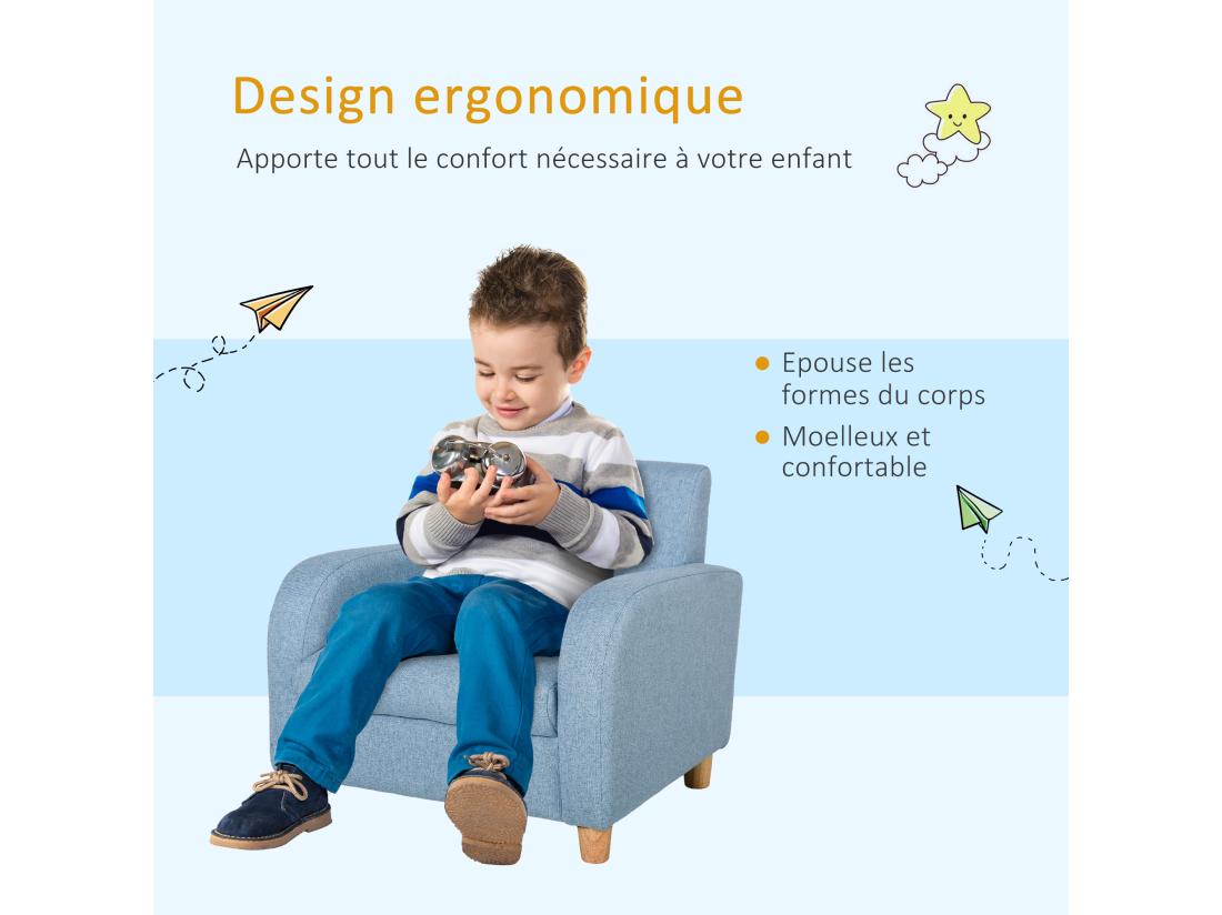 Vente Unique Fauteuil Enfant Design Scandinave Grand Confort Accoudoirs Assise Dossier Garnissage Mousse Haute Densité Piètement Bois Caoutchouc Lin Bleu