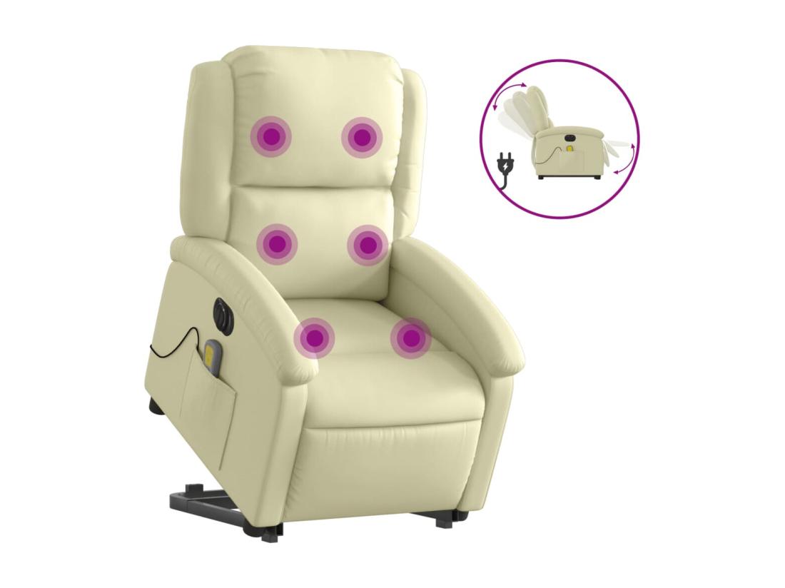 Vente Unique Fauteuil Inclinable Massant électrique Crème Cuir Véritable