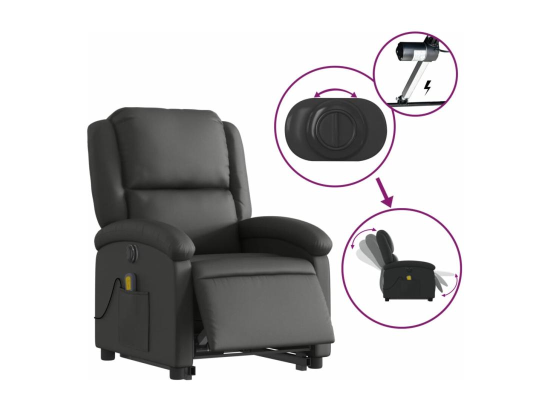 Vente Unique Fauteuil Inclinable Massant électrique Noir Cuir Véritable