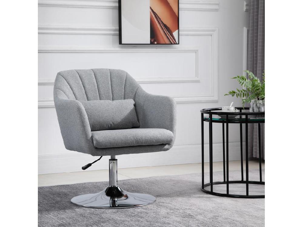 Vente Unique Fauteuil Lounge Design Grand Confort Coussins Lombaires Hauteur Réglable Pivotant 360° Piètement Métal Chromé Lin Gris