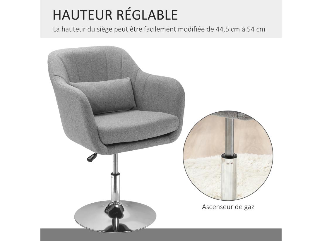 Vente Unique Fauteuil Lounge Design Grand Confort Coussins Lombaires Hauteur Réglable Pivotant 360° Piètement Métal Chromé Lin Gris