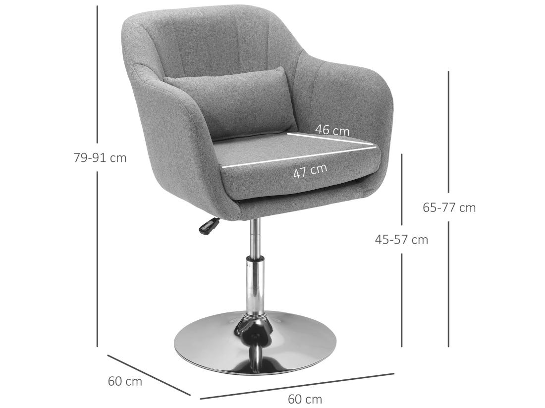 Vente Unique Fauteuil Lounge Design Grand Confort Coussins Lombaires Hauteur Réglable Pivotant 360° Piètement Métal Chromé Lin Gris