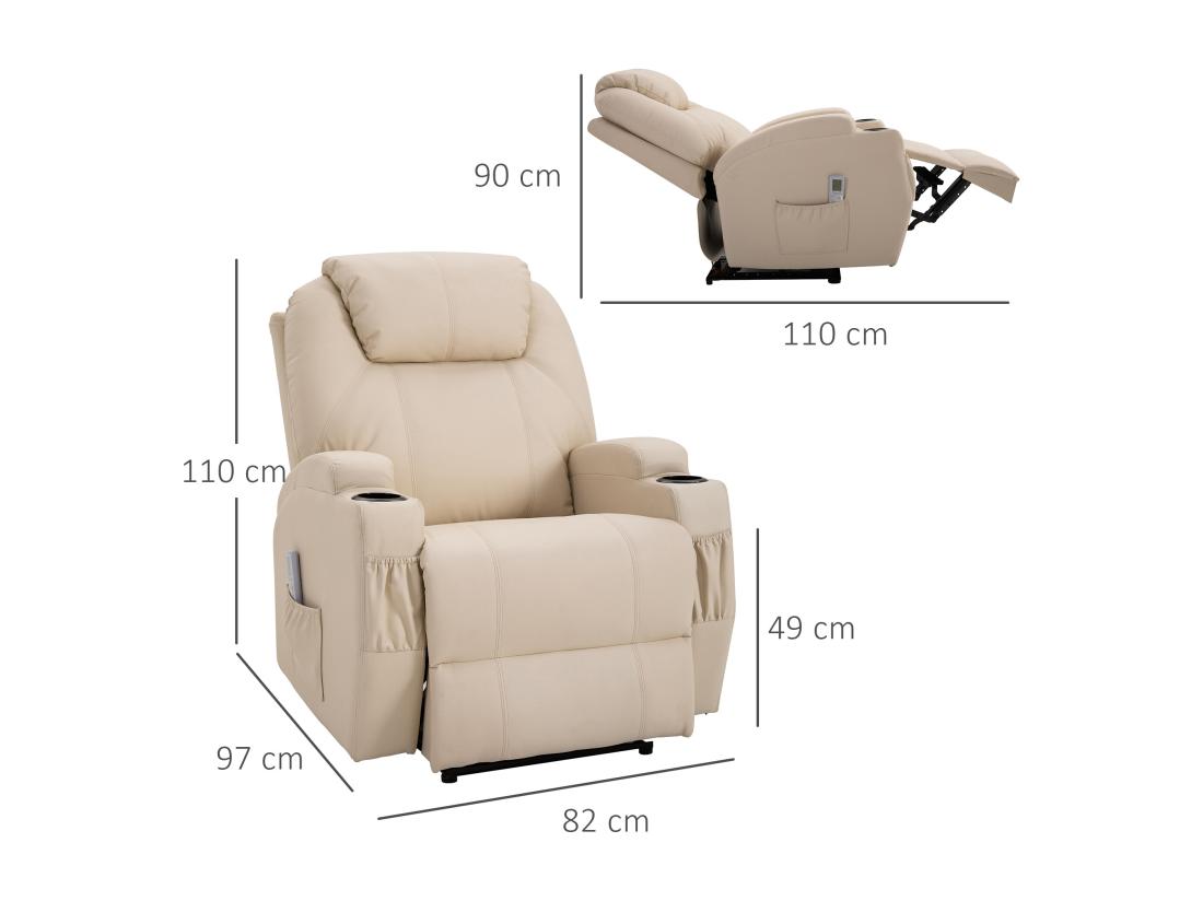 Vente Unique Fauteuil Luxe De Relaxation Et Massage Inclinaison Dossier Repose-pied électrique Revêtement Synthétique Crème