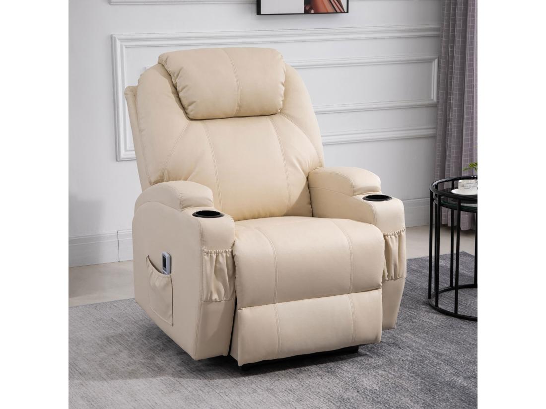 Vente Unique Fauteuil Luxe De Relaxation Et Massage Inclinaison Dossier Repose-pied électrique Revêtement Synthétique Crème