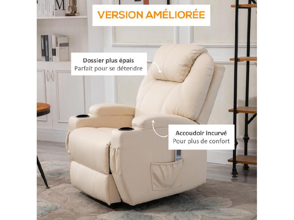 Vente Unique Fauteuil Luxe De Relaxation Et Massage Inclinaison Dossier Repose-pied électrique Revêtement Synthétique Crème