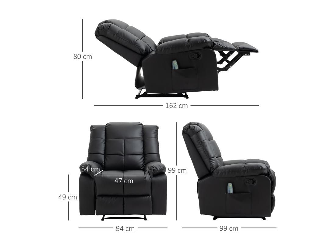 Vente Unique Fauteuil Luxe De Relaxation Et Massage Inclinaison Dossier Repose-pied Réglable Revêtement Synthétique Noir