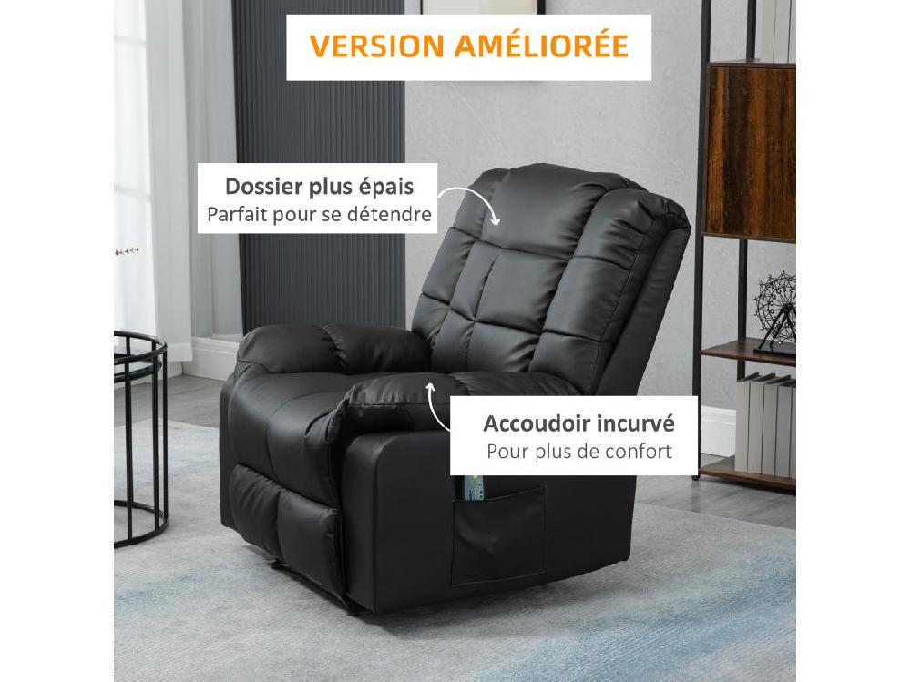 Vente Unique Fauteuil Luxe De Relaxation Et Massage Inclinaison Dossier Repose-pied Réglable Revêtement Synthétique Noir