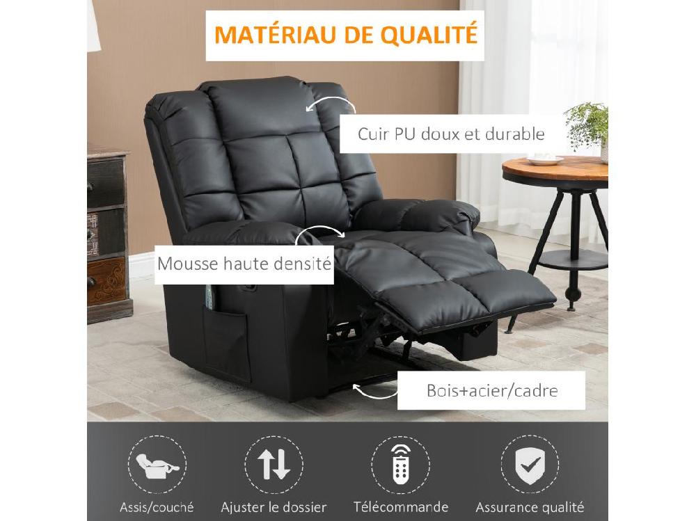 vente unique Fauteuil luxe de relaxation et massage inclinaison dossier repose-pied réglable revêtement synthétique noir
