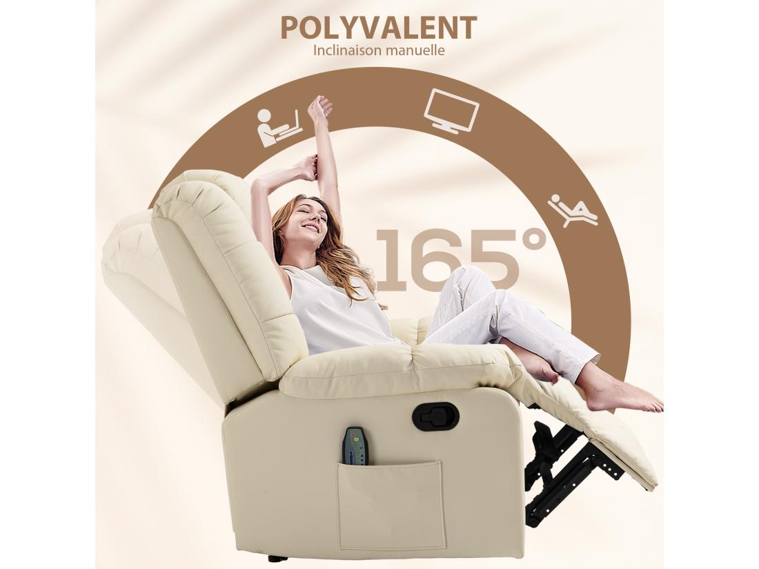 Vente Unique Fauteuil Luxe De Relaxation Et Massage Inclinaison Dossier Repose-pied Réglable Revêtement Synthétique Crème