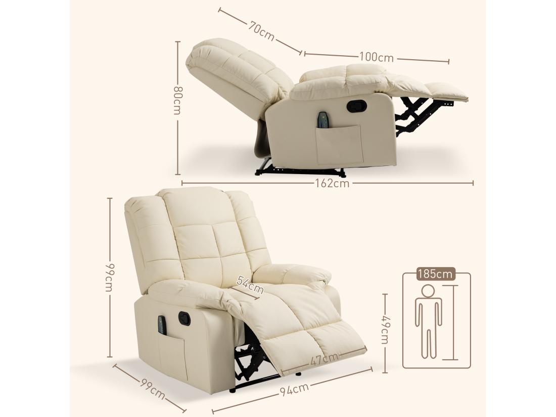 Vente Unique Fauteuil Luxe De Relaxation Et Massage Inclinaison Dossier Repose-pied Réglable Revêtement Synthétique Crème
