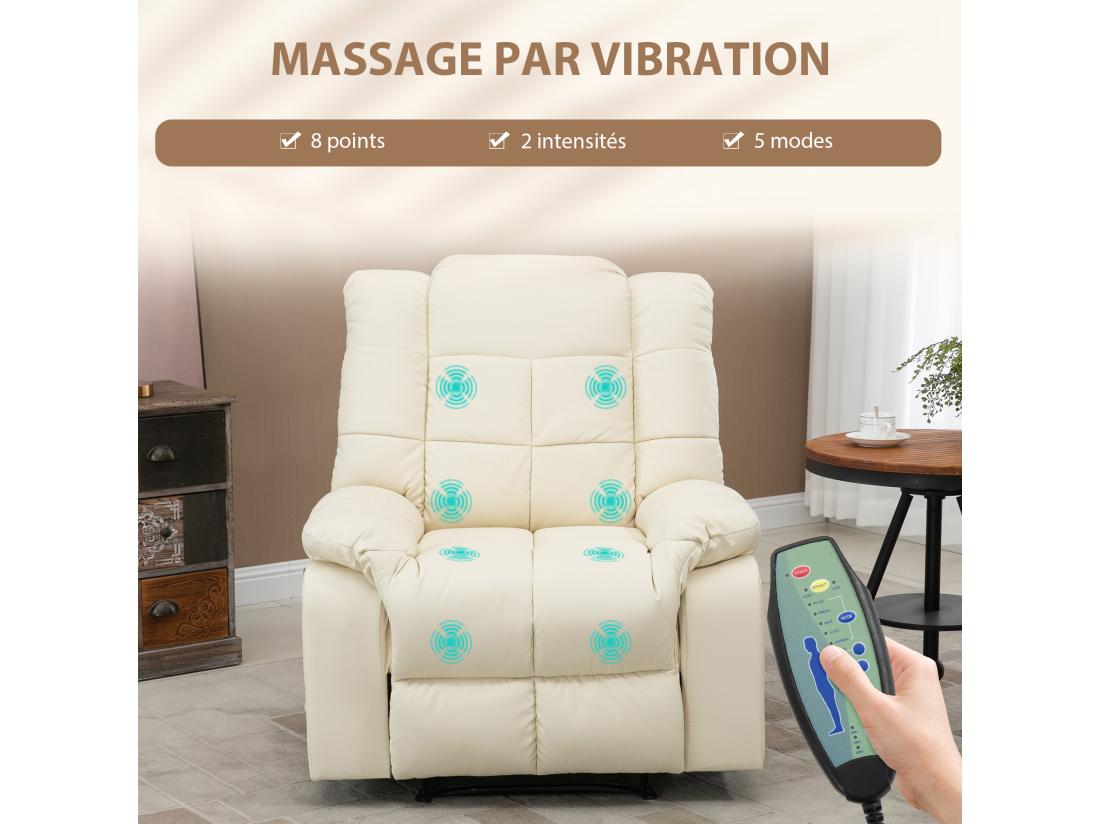 vente unique Fauteuil luxe de relaxation et massage inclinaison dossier repose-pied réglable revêtement synthétique crème