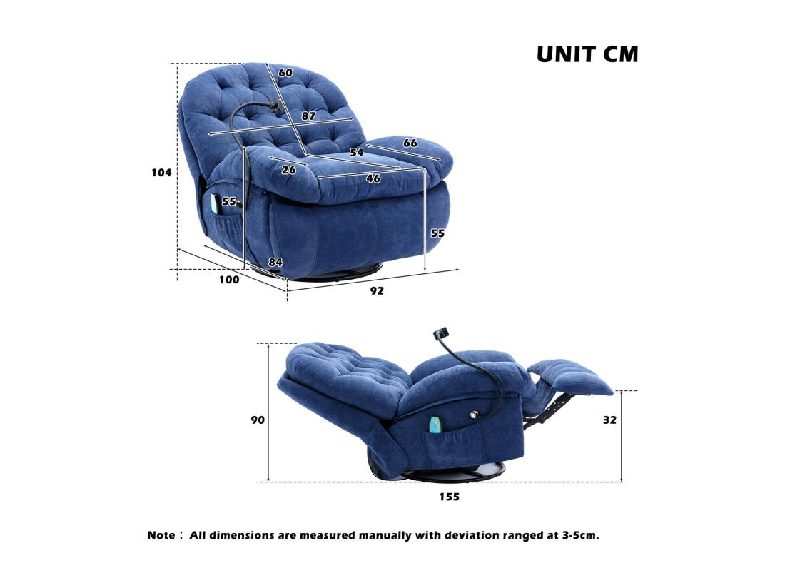 Vente Unique Fauteuil Massant En Tissu Avec Télécommande Pivotante Et Chauffée 4 Zones/5 Modes/3 Minuteur 155x92x90cm
