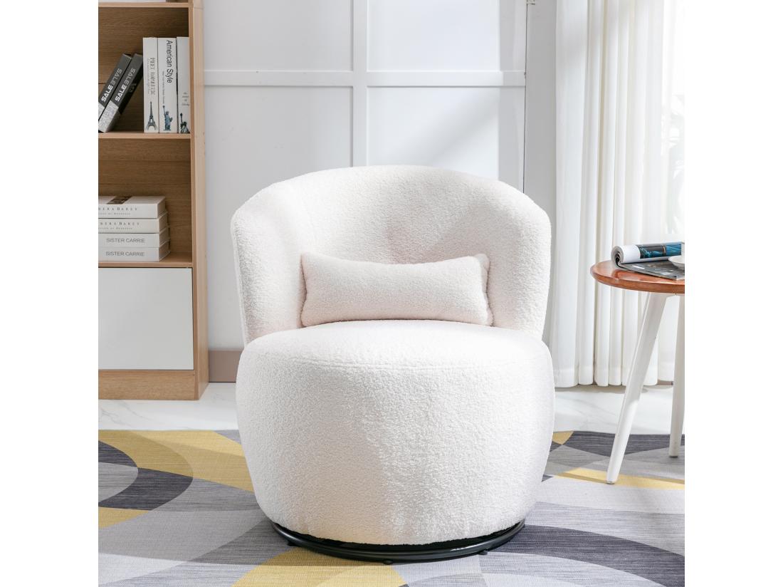 Vente Unique Fauteuil Pivotant - Chaise De Relaxation Pour Salon - Rembourré De Peluche - Avec Base Pivotante En Métal + Avec Coussin Lombaire - Blanc