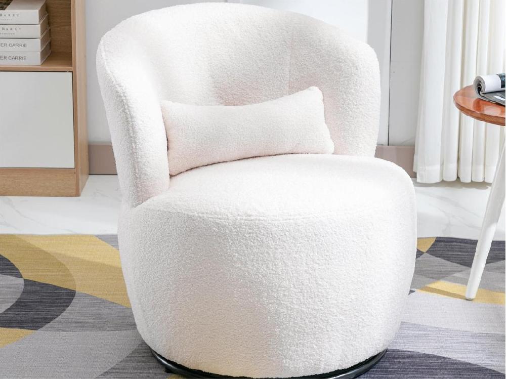 Vente Unique Fauteuil Pivotant - Chaise De Relaxation Pour Salon - Rembourré De Peluche - Avec Base Pivotante En Métal + Avec Coussin Lombaire - Blanc