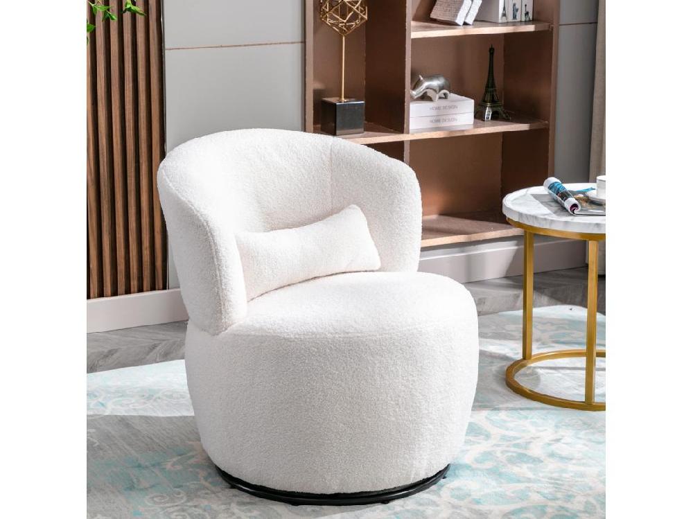 Vente Unique Fauteuil Pivotant - Chaise De Relaxation Pour Salon - Rembourré De Peluche - Avec Base Pivotante En Métal + Avec Coussin Lombaire - Blanc