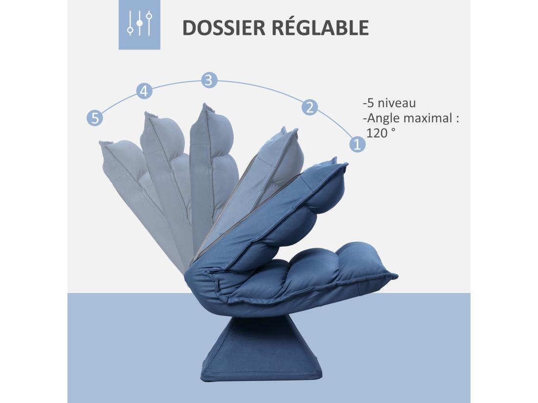 Vente Unique Fauteuil Relax Grand Confort Pivotant Inclinaison Réglable 5 Niv. épais Garnissage Mousse Haute Densité Tissu Velours Microfibre Bleu