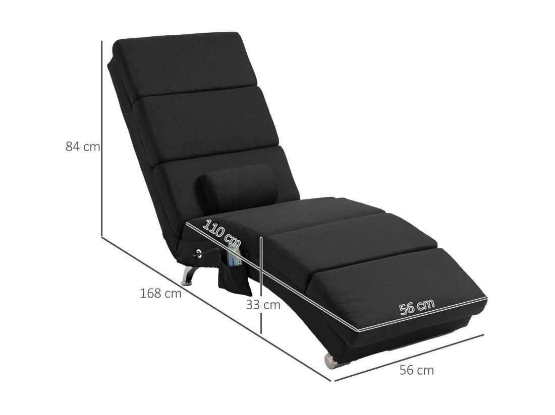 Vente Unique Fauteuil Relax Massant Chauffant Design Contemporain - Chaise Longue D'intérieur - Piètement Métal Chromé Tissu Noir