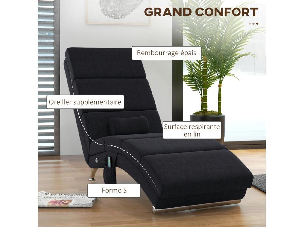 Vente Unique Fauteuil Relax Massant Chauffant Design Contemporain - Chaise Longue D'intérieur - Piètement Métal Chromé Tissu Noir
