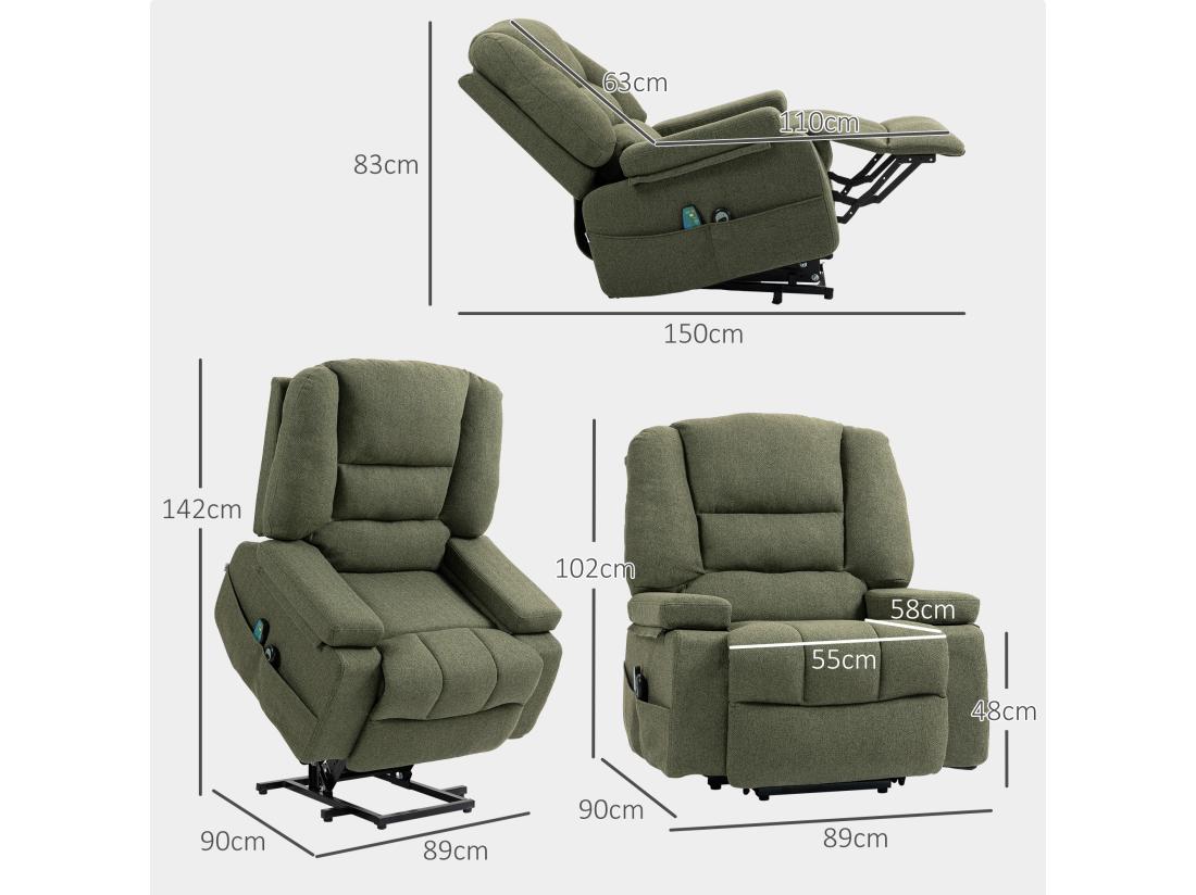 Vente Unique Fauteuil Releveur électrique Massant Chauffant Inclinable - Repose-pied Intégré 2 Télécommandes - Tissu Vert