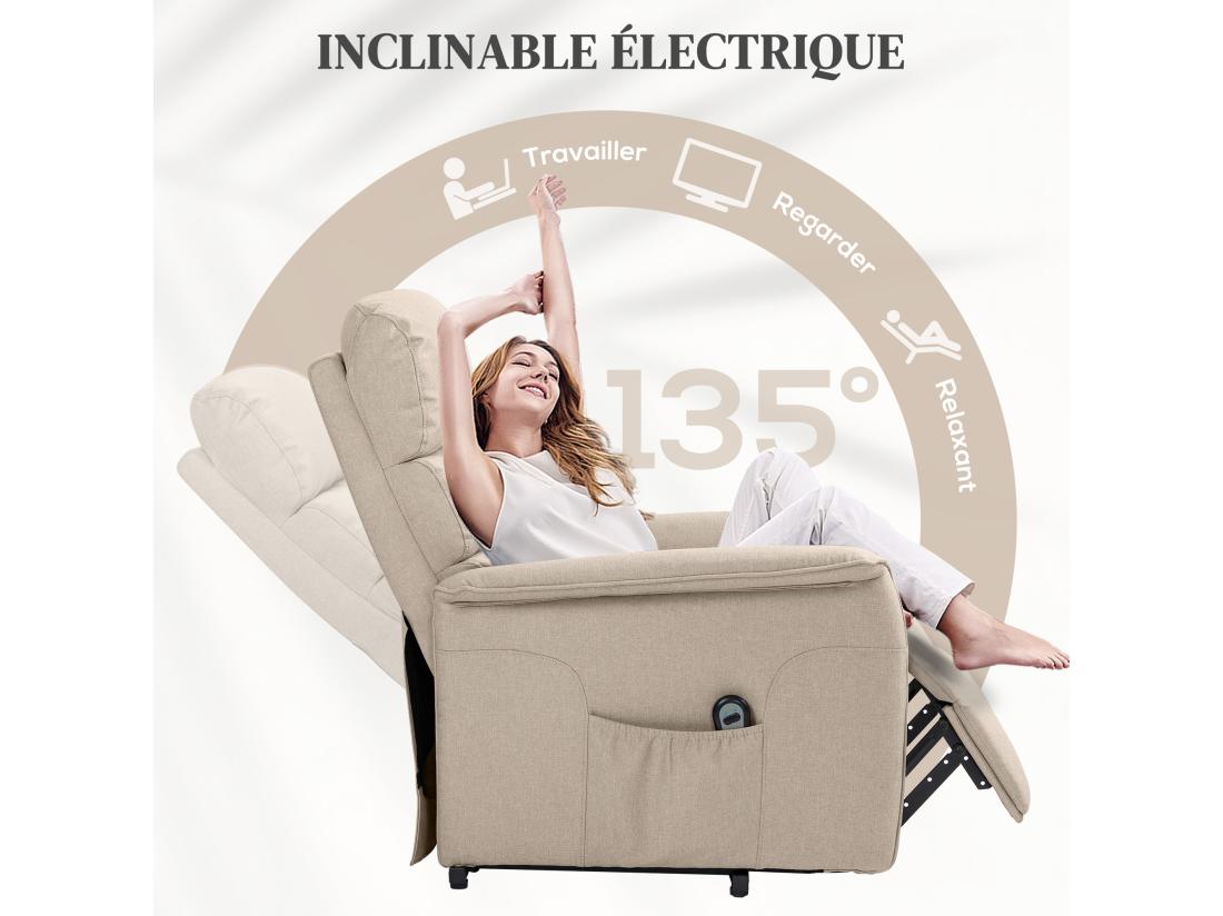Vente Unique Fauteuil Releveur Inclinable Massant Chauffant - 2 Télécommandes Roulettes Pochette - Tissu Beige Chiné