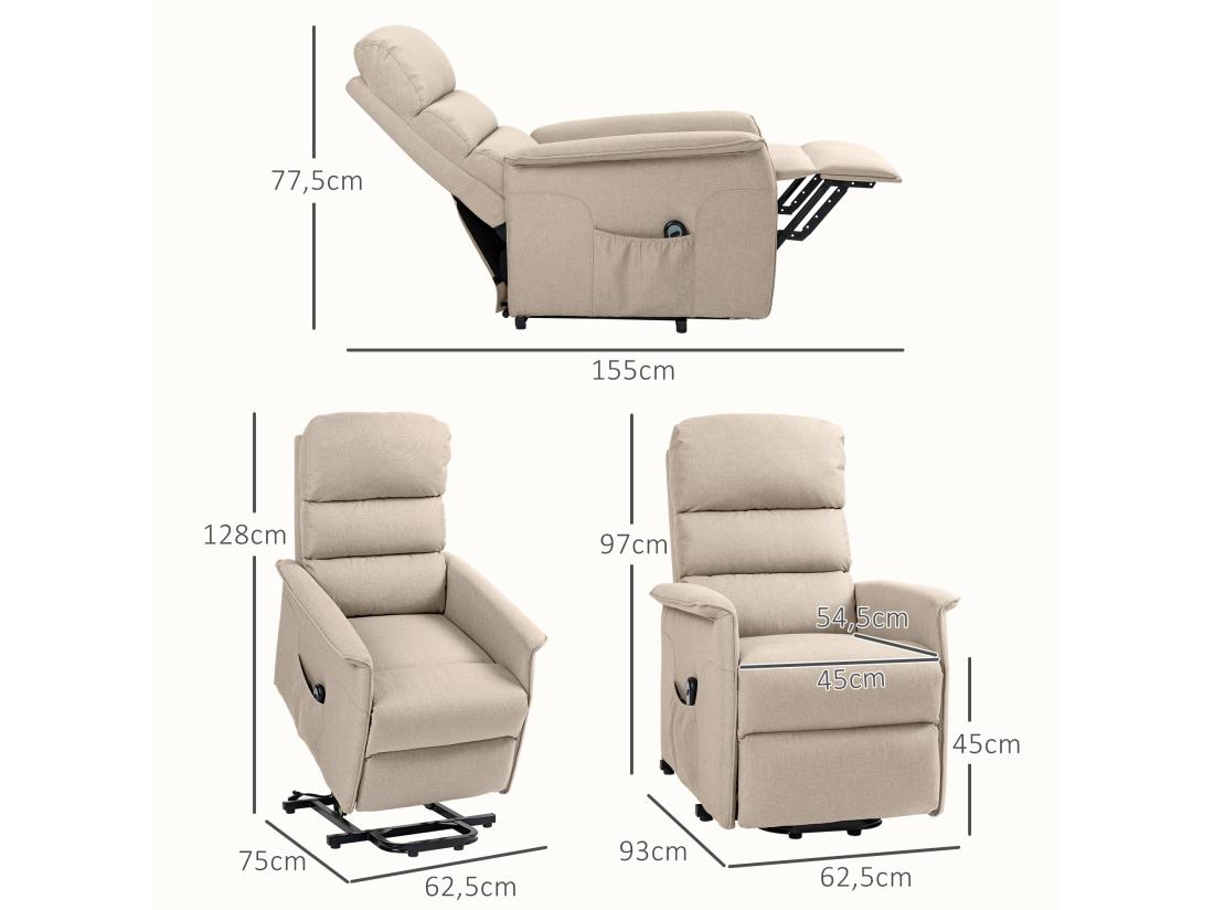 Vente Unique Fauteuil Releveur Inclinable Massant Chauffant - 2 Télécommandes Roulettes Pochette - Tissu Beige Chiné