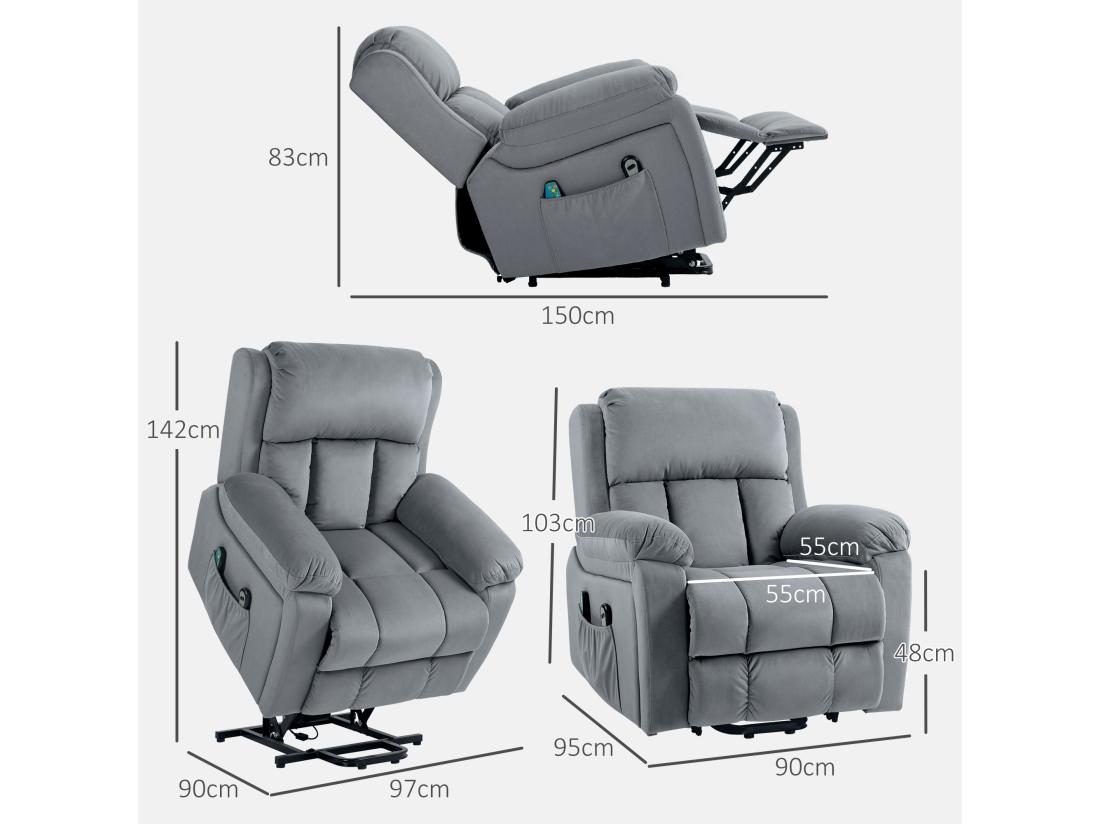 Vente Unique Fauteuil Releveur Massant Chauffant Inclinable - 8 Points De Massage - Télécommande Pochette - Tissu Gris