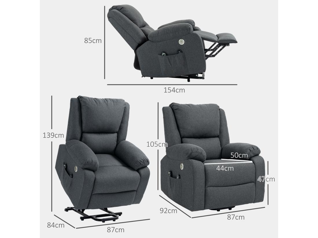 Vente Unique Fauteuil Releveur Relax Massant électrique Réglable - Fonction Chauffante Repose-pied Ports USB Télécommandes - Tissu Gris