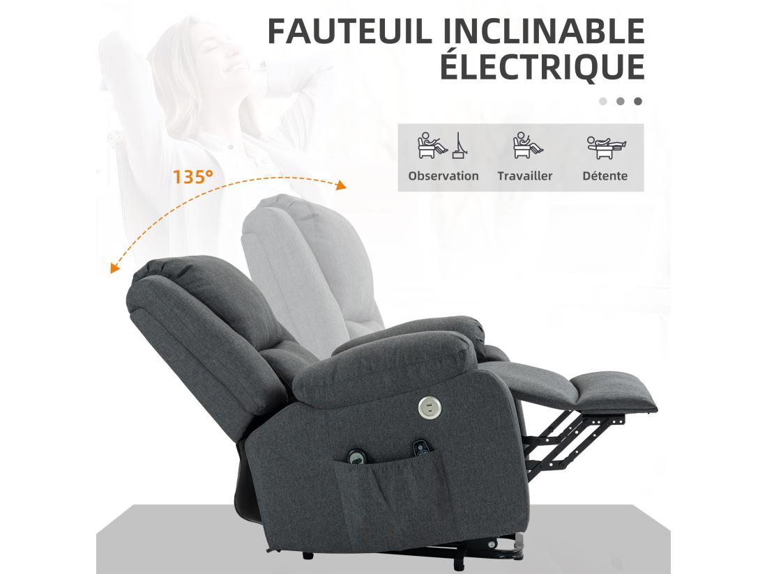 Vente Unique Fauteuil Releveur Relax Massant électrique Réglable - Fonction Chauffante Repose-pied Ports USB Télécommandes - Tissu Gris