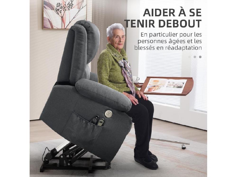 vente unique Fauteuil releveur relax massant électrique réglable - fonction chauffante repose-pied ports USB télécommandes - tissu gris