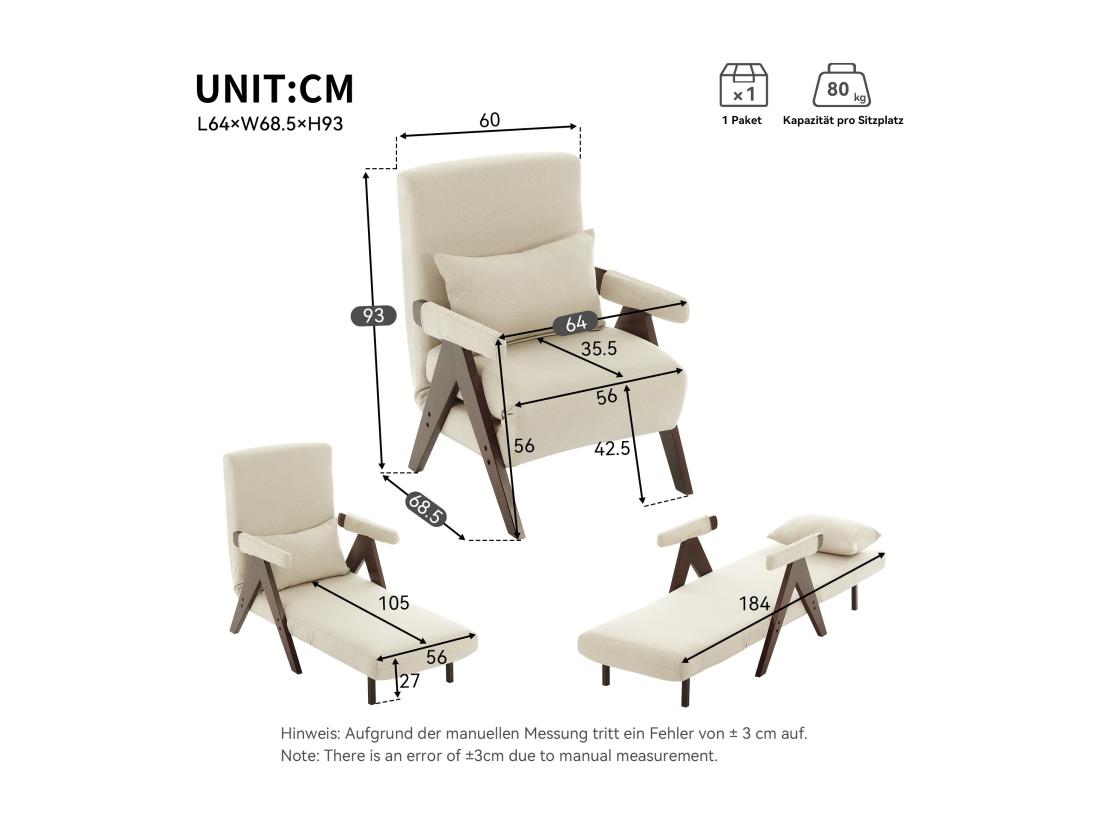 Vente Unique Fauteuil Simple 64x68 5x93cm - Convertible 3 En 1 - Rembourré - Lin - Beige + Marron