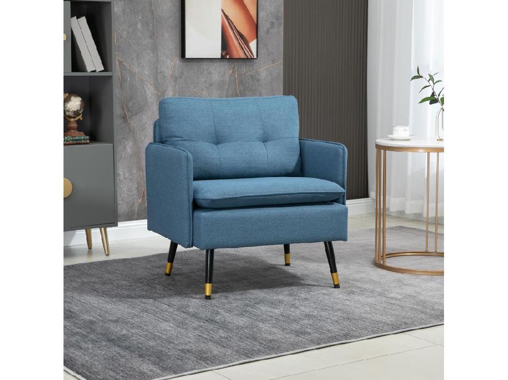 Vente Unique Fauteuil Style Art-déco Dossier Effet Capitonné Piètement Incliné Effilé Métal Noir Extrémités Dorées Tissu Bleu