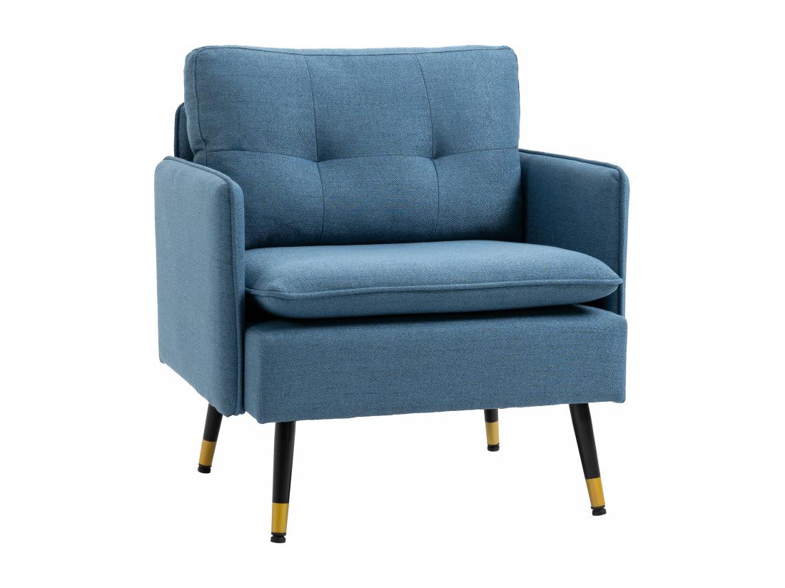Vente Unique Fauteuil Style Art-déco Dossier Effet Capitonné Piètement Incliné Effilé Métal Noir Extrémités Dorées Tissu Bleu