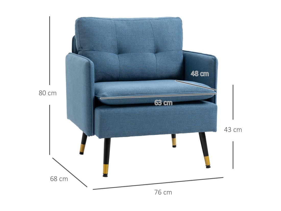 vente unique Fauteuil style art-déco dossier effet capitonné piètement incliné effilé métal noir extrémités dorées tissu bleu