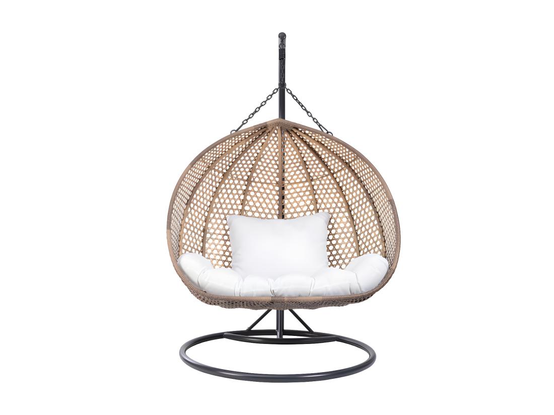 Vente Unique Fauteuil Suspendu 2 Places En Résine Tressée - Beige Et Coussin Blanc - VAHINA De MYLIA