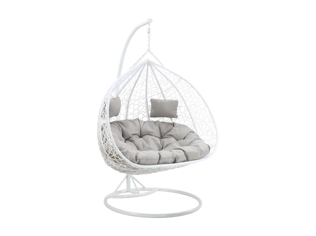 Vente Unique Fauteuil Suspendu 2 Places En Résine Tressée - Blanc Avec Coussins Gris - CAYAMBE De MYLIA